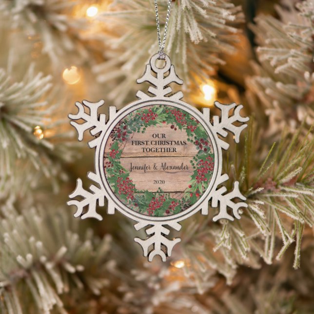 Our first Christmas together rustic wood berries Snowflake Pewter Christmas Ornament (Tree)