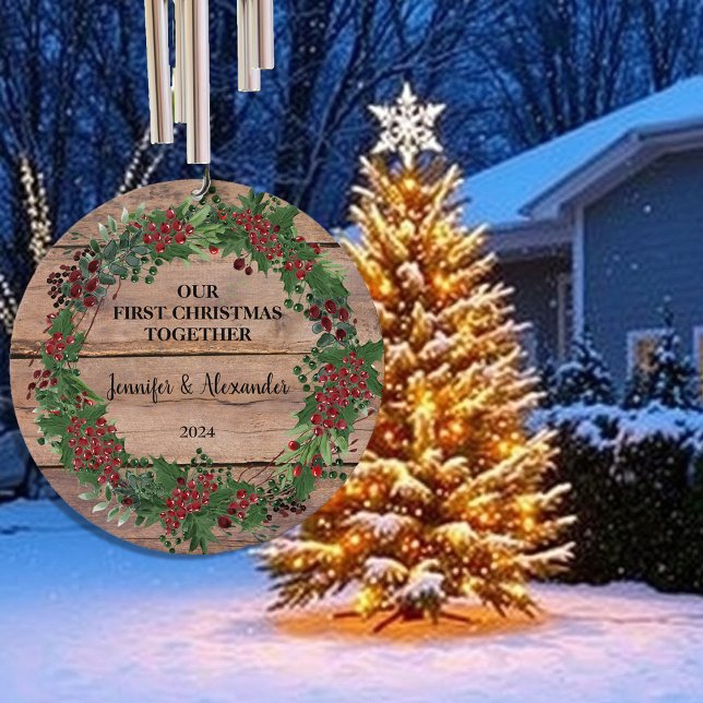 Our first Christmas together rustic wood berries Wind Chime (Our first Christmas together rustic wood berries Wind Chime. You can personalize it.)