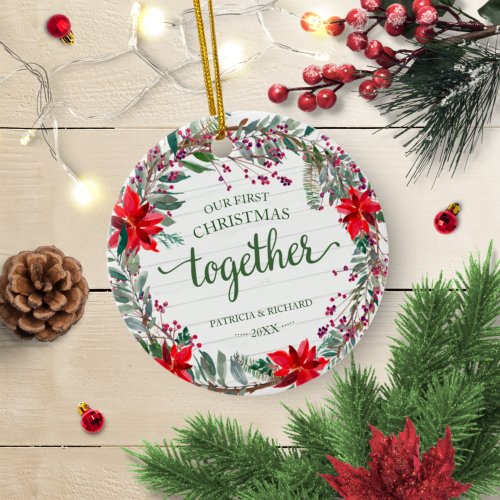 Our First Christmas Together Rustic Wreath Ceramic Ornament