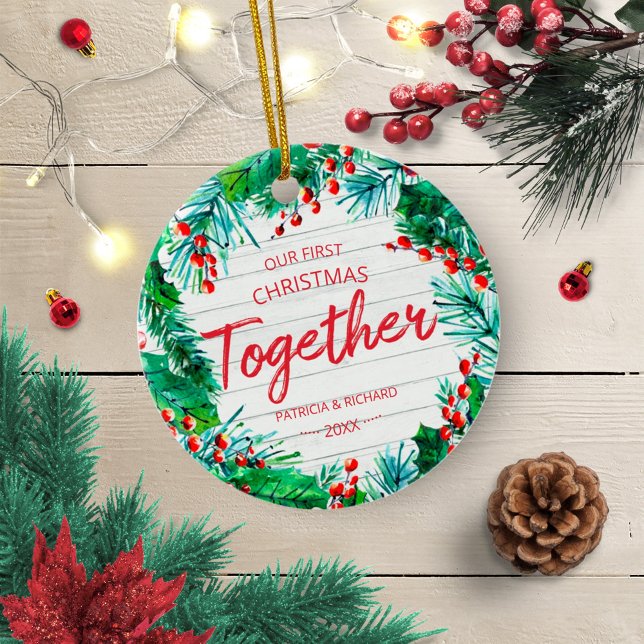Our First Christmas Together Rustic Wreath Couple Ceramic Ornament (Creator Uploaded)