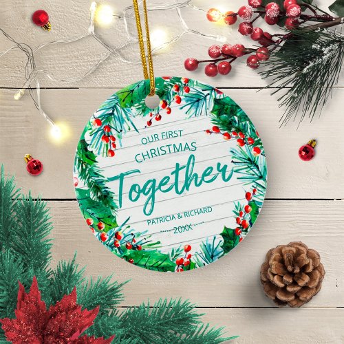 Our First Christmas Together Rustic Wreath Couple Ceramic Ornament