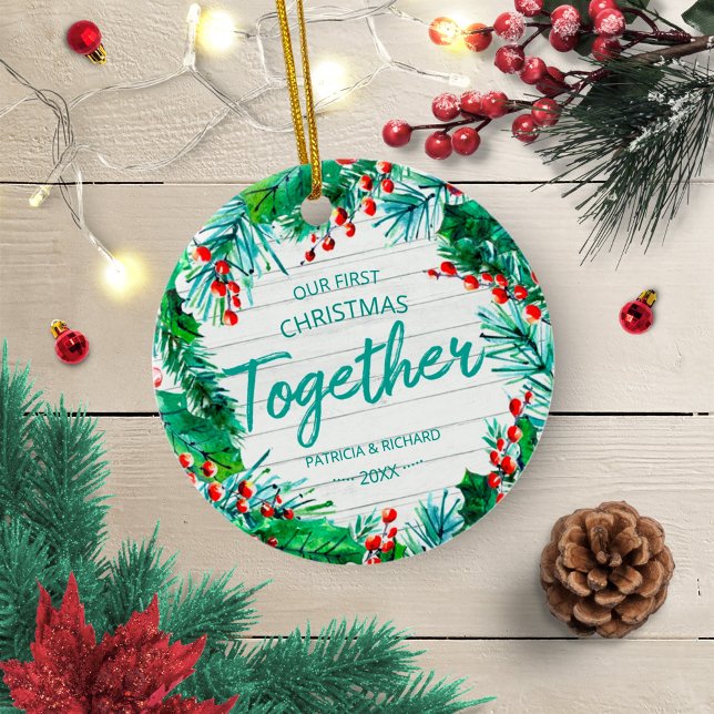 Our First Christmas Together Rustic Wreath Couple Ceramic Ornament (Creator Uploaded)