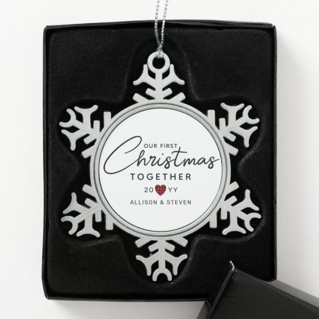 Our First Christmas Together Script Personalized Snowflake Pewter Christmas Ornament (Box)