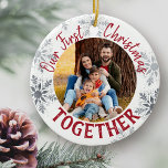 Our First Christmas Together w. Custom Photo - Red Ceramic Ornament<br><div class="desc">"Our first Christmas together" - personalized Christmas ornaments are a lovely keepsake to have as part of your Christmas decor. The template is set up ready for you to personalize the ornament with your photo, your names and the year. The design includes hand lettered style script typography and a light...</div>
