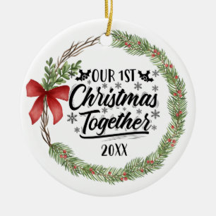 Our First Christmas Together Watercolor Wreath Ceramic Ornament