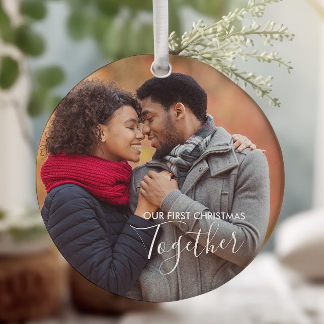 Our First Christmas Together White Overlay Photo Ceramic Ornament (First Christmas Together, keepsake ornament with photo )