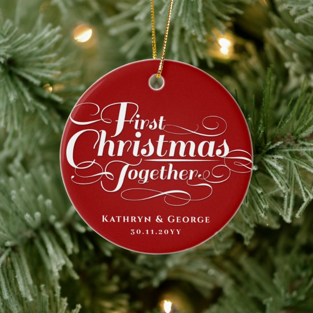 Our First Christmas Together White Script Photo Ceramic Ornament (Tree)