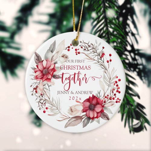 Our first Christmas Together wreath Ceramic Ornament