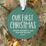 Our first Christmas twin babies green stripe photo Ornament<br><div class="desc">Celebrate and commemorate your twins' first Christmas with this sweet and simple photo ornament. Featuring "our first Christmas" in playful type on a green striped background, this cute ornament also has room for custom text for the names and year and also a photo on the reverse side. This first Christmas...</div>