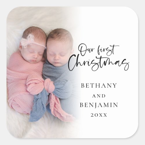 Our First Christmas Twin Baby Name Year Photo Square Sticker