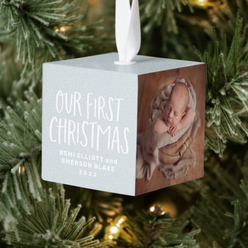 Our first Christmas twin baby personalized photo Cube Ornament