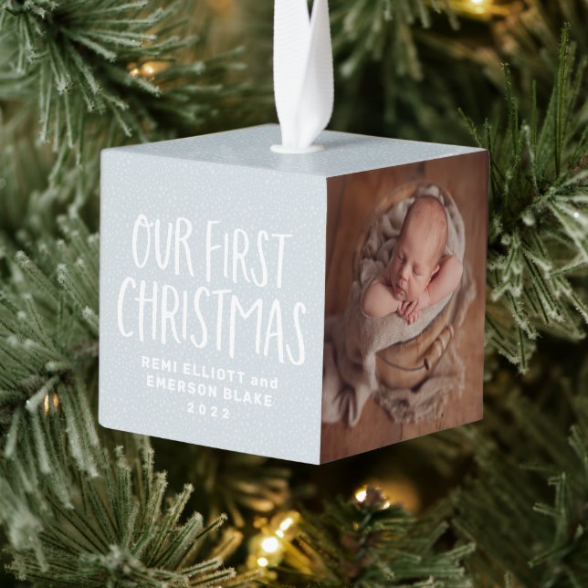 Our first Christmas twin baby personalized photo Cube Ornament (Tree)