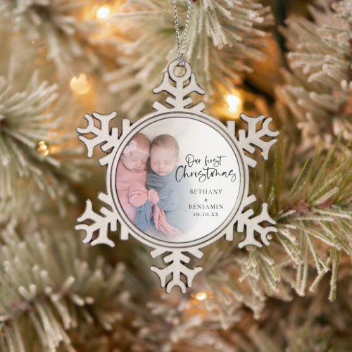 Our First Christmas Twin Baby Photo Name Year Snowflake Pewter Christmas Ornament