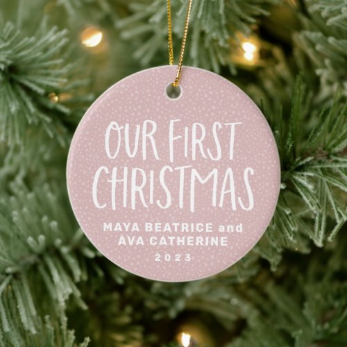 Our first Christmas twin pink personalized photo Ceramic Ornament