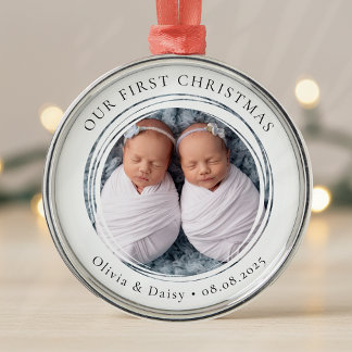 Our First Christmas Twins New Baby Photo Keepsake Metal Ornament
