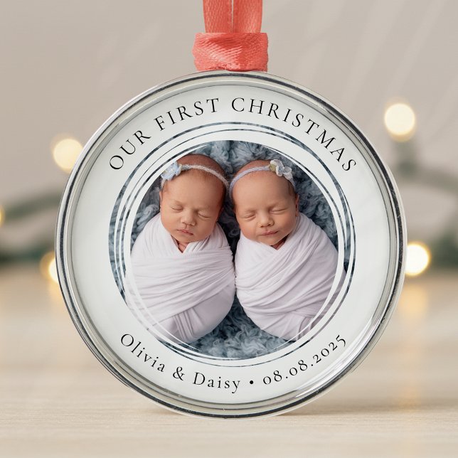 Our First Christmas Twins New Baby Photo Keepsake Metal Ornament (Creator Uploaded)