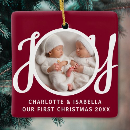Our First Christmas Twins Photo Deep Red Keepsake Ceramic Ornament