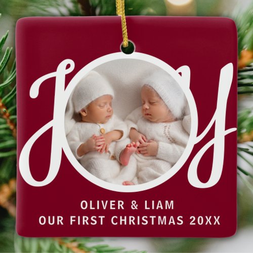 Our First Christmas Twins Photo Deep Red Keepsake Ceramic Ornament