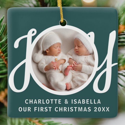 Our First Christmas Twins Photo Green Keepsake Ceramic Ornament
