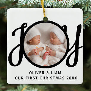 Our First Christmas Twins Photo Joy Black White Ceramic Ornament