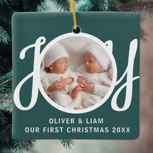 Our First Christmas Twins Photo Joy Green Keepsake Ceramic Ornament