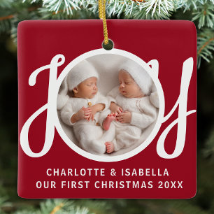 Our First Christmas Twins Photo Joy Red Keepsake Ceramic Ornament