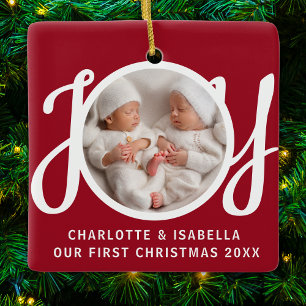 Our First Christmas Twins Photo Joy Red Keepsake Ceramic Ornament