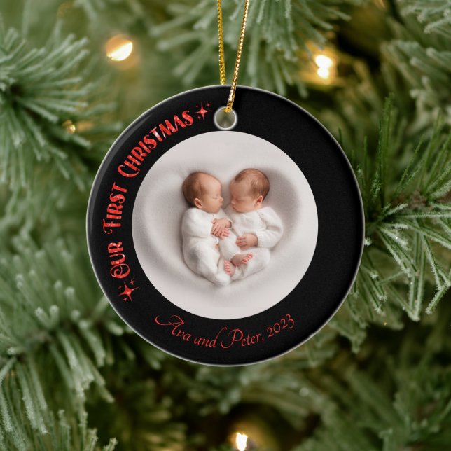 Our First Christmas Twins Photo Name Custom Black  Ceramic Ornament (Tree)