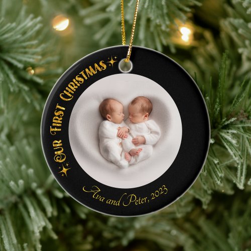 Our First Christmas Twins Photo Name Custom Golden Ceramic Ornament
