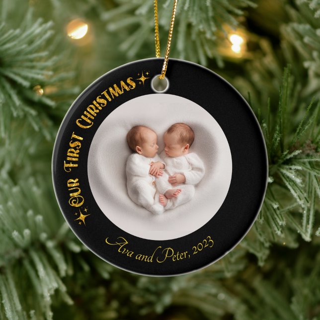 Our First Christmas Twins Photo Name Custom Golden Ceramic Ornament (Creator Uploaded)