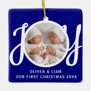 Our First Christmas Twins Photo Navy Blue Keepsake Ceramic Ornament