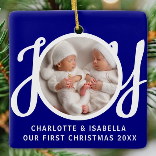 Our First Christmas Twins Photo Navy Blue Keepsake Ceramic Ornament
