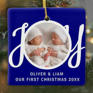 Our First Christmas Twins Photo Navy Blue Keepsake Ceramic Ornament