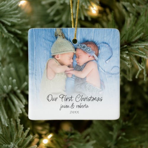 Our First Christmas Twins Photo Overlay Names Year Ceramic Ornament