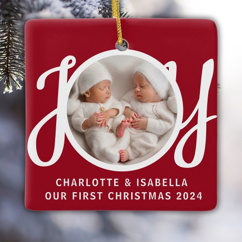 Our First Christmas Twins Photo Red Keepsake Ceramic Ornament