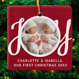 Our First Christmas Twins Photo Red Keepsake Ceramic Ornament
