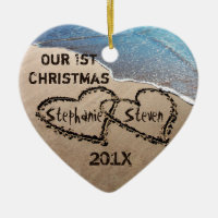 Our First Christmas Two Hearts In Sand Ornament