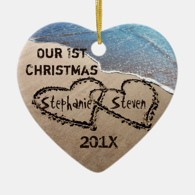 Our First Christmas Two Hearts In Sand Ornament (Front)