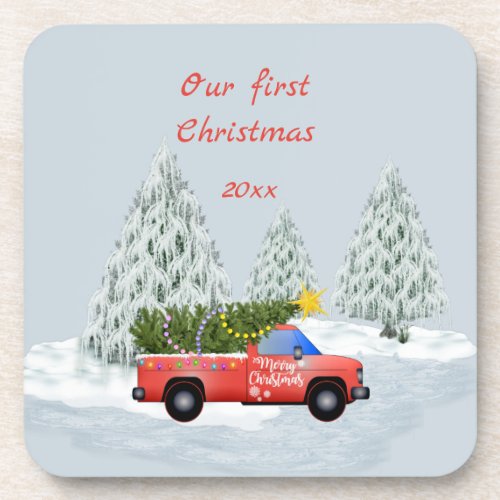 Our First Christmas Vintage Truck Ornament Beverage Coaster