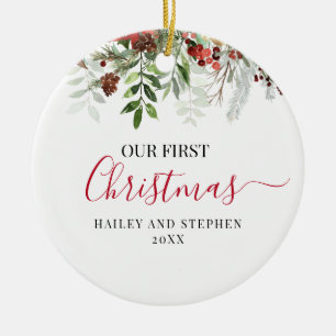Our First Christmas Watercolor Floral Ceramic Ornament