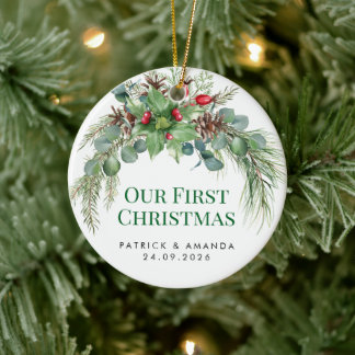 Our First Christmas Watercolor Greenery Ceramic Ornament