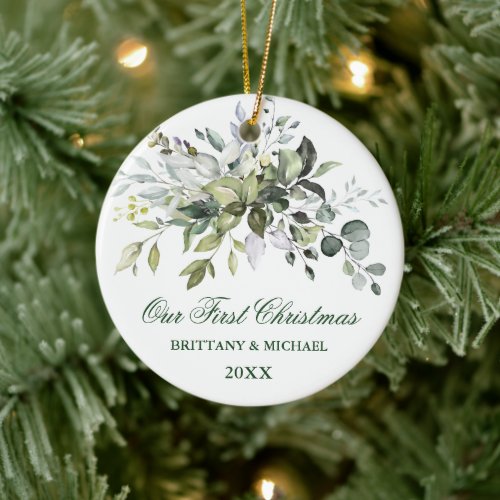 Our First Christmas Watercolor Greenery Ceramic Ornament