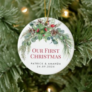 Our First Christmas Watercolor Greenery Ceramic Ornament