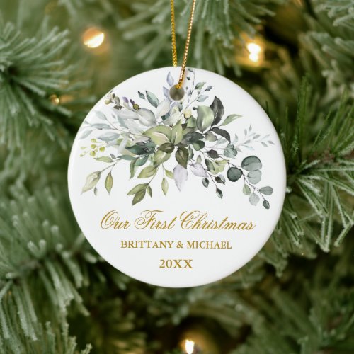 Our First Christmas Watercolor Greenery Gold Ceramic Ornament