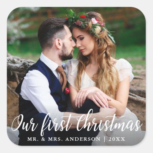 Our First Christmas Wedding Couple Photo Square Sticker