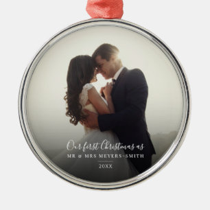 Our First Christmas Wedding Day Photo Script Metal Ornament