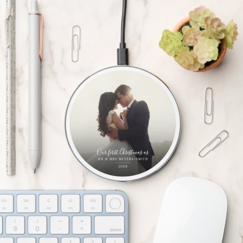 Our First Christmas Wedding Day Photo Script Wireless Charger