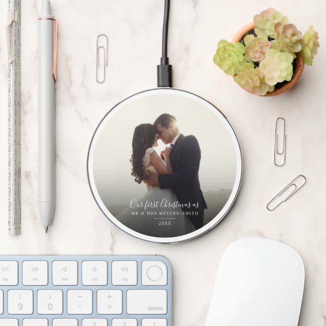 Our First Christmas Wedding Day Photo Script Wireless Charger (Desk)