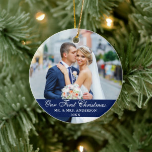 Our First Christmas Wedding Photo Blue Ceramic Ornament