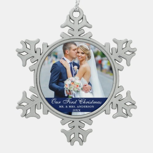 Our First Christmas Wedding Photo Blue Snowflake Pewter Christmas Ornament